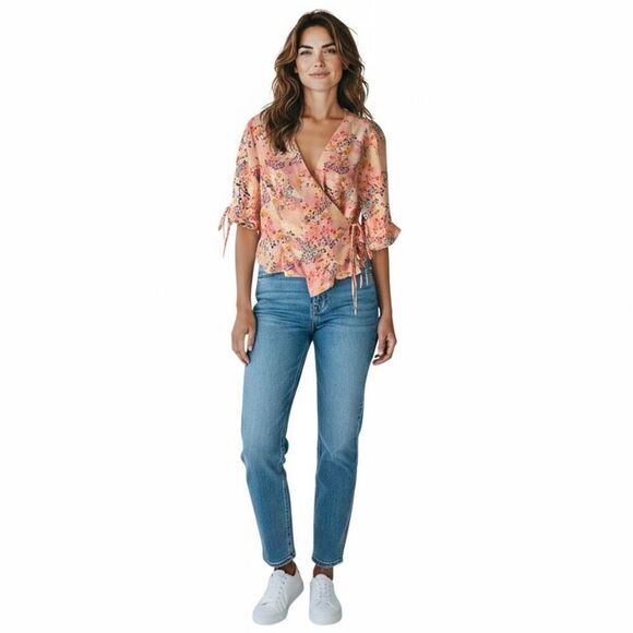 Topshop Tops - Topshop Women's Floral V-Neck Cropped Wrap Blouse Size 10 Multicolor